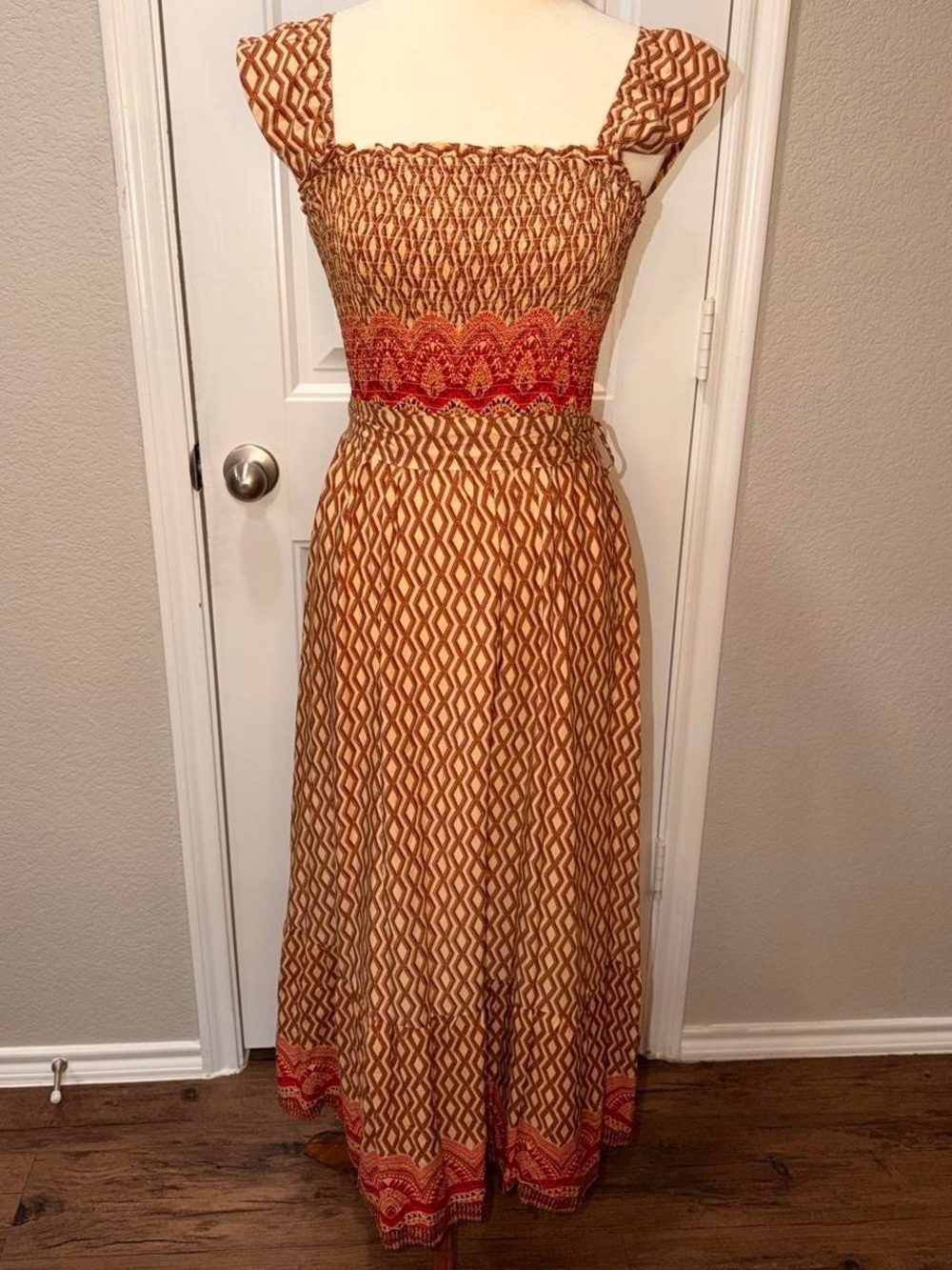 Boho Smocked Maxi Dress in Brown and Red